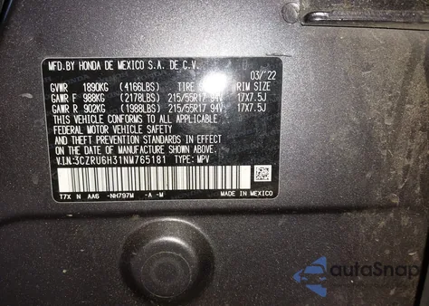 2022 Honda Hr-V Awd Lx из США, поврежденный, VIN 3CZRU6H31NM765181